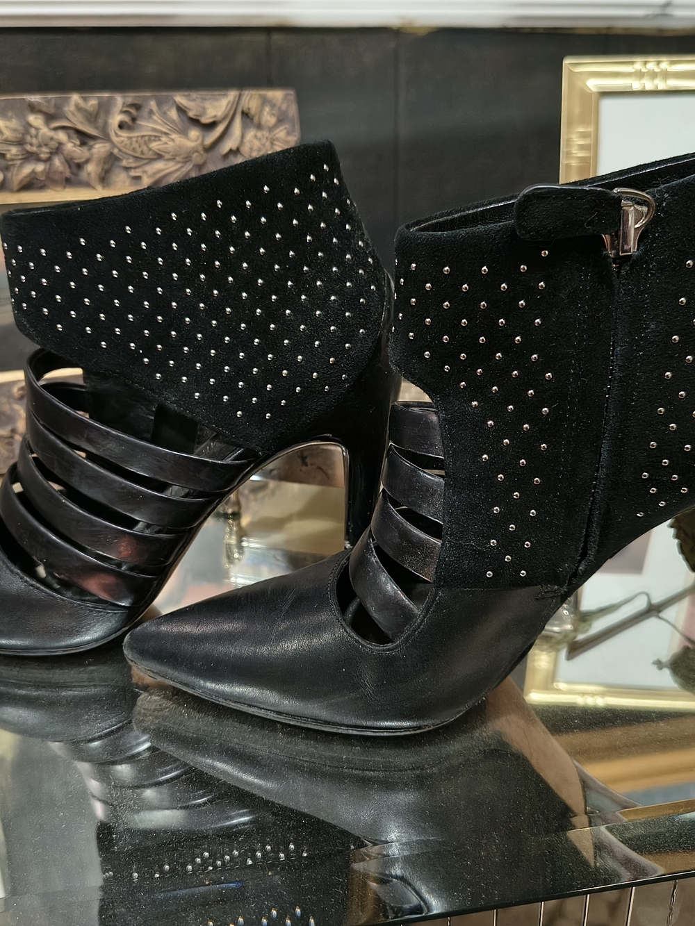 Rebecca Mincoff Black Studded Cutout Ankle Booties - Women's Fashion Heels